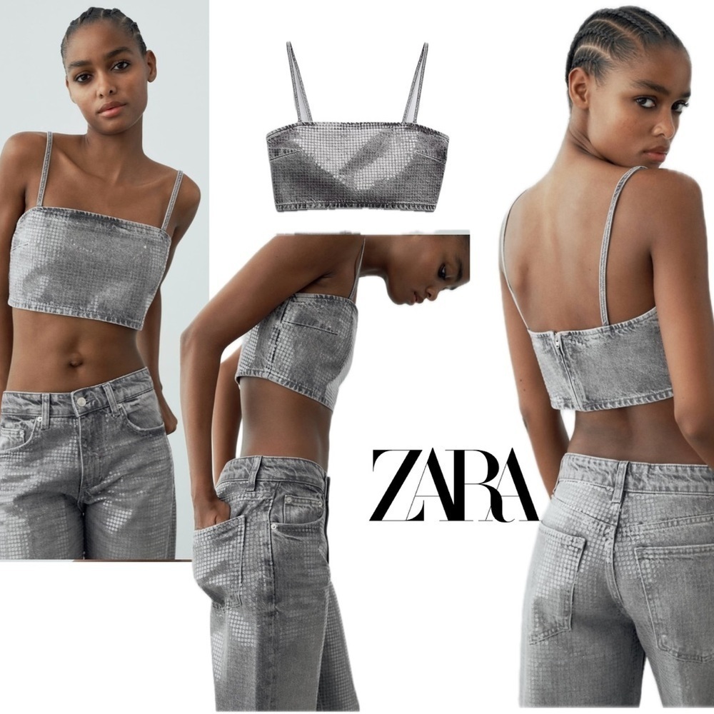 Zara TRF gray foil sequin embellished denim jean crop top sparkly Sz S NWOT